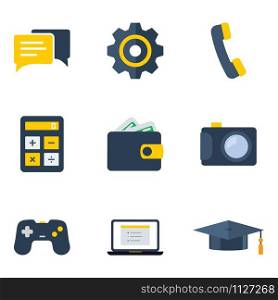 Save Download Preview Icon Pack, Char Massage Icon, Gear or Setting Icon, Phone Icon, Calculator Icon, Wallet Icon With Money, Camera icon, Joystick Game Icon, Laptop Icon, Graduation Hat Icon. Icon Pack Isolated On white Background. EPS10