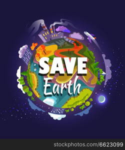 Save Earth agitation poster with planet with trees and buildings out in space, plane that flies by and moon vector illustration.. Save Earth Agitation Poster with Planet Space View