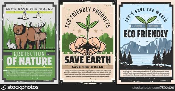 Save Earth and Protect Planet vintage posters, ecology and environment conservation project. Vector nature protection and eco friendly products, alternative energy and power generation. Save Nature World, earth eco friendly environment