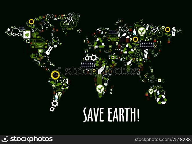 Save earth concept icon with world map composed of solar panels, recycling signs and light bulbs with green leaves, electric cars, green eco energy, biofuel and bicycles, flowers, water and industrial pollution symbols. World map icon composed of ecology symbols