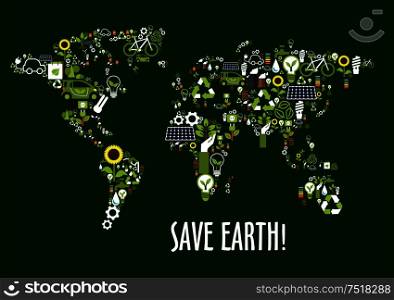 Save earth concept icon with world map composed of solar panels, recycling signs and light bulbs with green leaves, electric cars, green eco energy, biofuel and bicycles, flowers, water and industrial pollution symbols. World map icon composed of ecology symbols