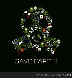 Save Earth. Environment protection symbol in shape of gas mask. Natural energy and electricity sources vector elements of leaf, water, wind, solar panel, plug, bicycle, garbage utilization bin. Save Earth. Eco environment banner