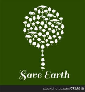 Save Earth poster. Green environment protection icon. Big tree symbol made of trees elements. Eco concept vector emblem. Save Earth. Environmental ecology icon