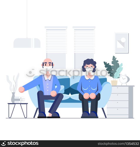 Save elderly parent stay at home quarantine concept. Social distancing in family. Covid-19 coronavirus outbreak. Old people wearing masks stop traveling. Flat character abstract people health care and medical vector.