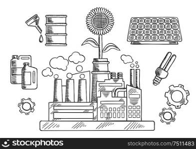 Save energy and ecology icons with industrial plant surrounded by solar panel and fluorescent light bulb, sunflower, gears and bio fuel tanks. Environment concept with industrial plant