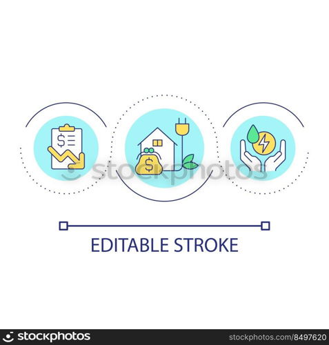 Save energy and money loop concept icon. Reduce electricity consumption. Home utilities bill abstract idea thin line illustration. Isolated outline drawing. Editable stroke. Arial font used. Save energy and money loop concept icon