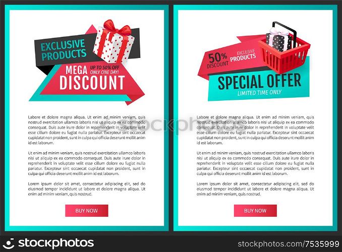 Save half price on sales, certificates with gift presents, vector shopping store cards. Landing pages with price tags, special offer banners with text. Save Half Price, Sale Certificates, Gift Presents