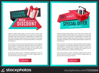 Save half price on sales, certificates with gift presents, vector shopping store cards. Landing pages with price tags, special offer banners with text. Save Half Price, Sale Certificates, Gift Presents