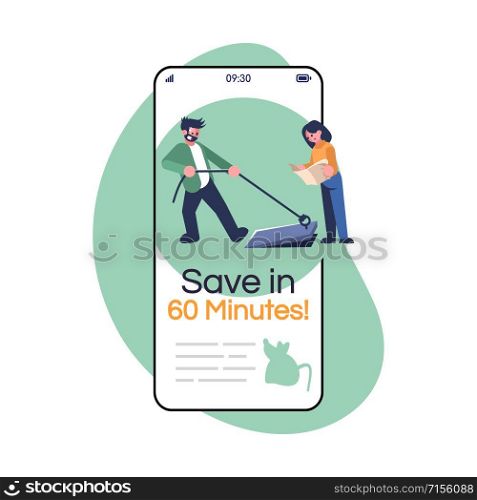 Save in 60 minutes social media post smartphone app screen. Friends searching exit. Mobile phone displays with cartoon characters design mockup. Escape room application telephone interface