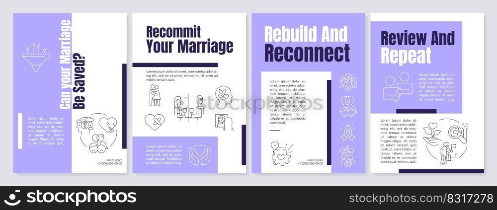 Save marriage from total collapse purple brochure template. Review, repeat. Leaflet design with linear icons. Editable 4 vector layouts for presentation, annual reports. Anton, Lato-Regular fonts used. Save marriage from total collapse purple brochure template