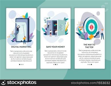 Save money digital marketing and way to top web page template vector business concepts entrepreneurship online advertisement and saving account profit and wealth strategy Internet site mockup. Digital marketing save money and way to top web page template