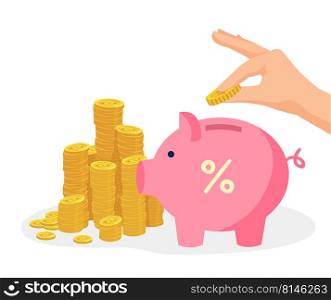 Save money investments. Hand putting coins into piggy bank. Saving dollar earnings, having income or profit. Deposit banking account and business concept vector illustration. Financial services. Save money investments. Hand putting coins into piggy bank. Saving dollar earnings, having income or profit