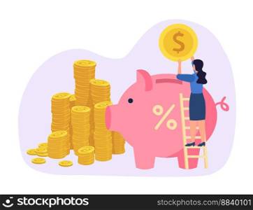 Save money investments. Woman standing on ladder putting coins into piggy bank. Stacks of money, female character depositing money account, getting income. Financial activities vector illustration. Save money investments. Woman standing on ladder putting coins into piggy bank. Stacks of money, female character