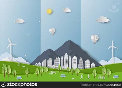 Save nature and environment conservation concept with eco city on paper art background,vector illustration