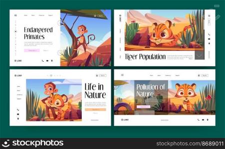 Save nature cartoon landing pages, wild African animals tiger cub and monkey in desert natural landscape. Life and pollution of nature, endangered species, primates population, Vector web banners set. Save nature cartoon landing pages, african animals