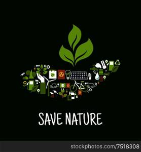 Save nature concept icon with green plant in human hand, compossed of solar panel, wind turbine, energy saving light bulbs, electric cars, biofuel, bicycle, recycling sign, flowers, trees, industrial pollution, nuclear waste. Green plant in hand icon