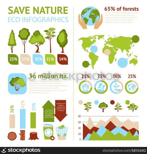 Save nature eco infographics set with forest symbols and charts vector illustration. Forest Infographics Set