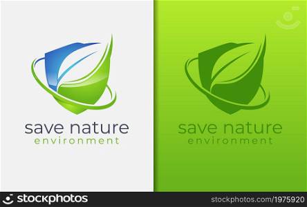 Save Nature Environment with Leaf Concept Combined with Modern Shield Logo Design. Graphic Design Element.