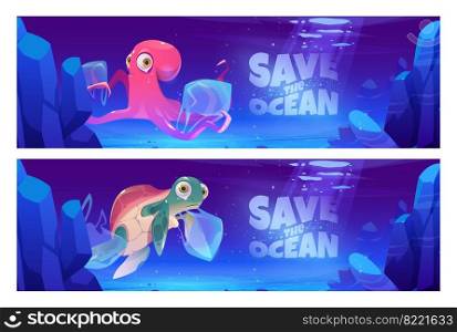 Save ocean cartoon banner with underwater animals and trash in sea. Water pollution with plastic ecological problem. Unhappy octopus and turtle on dirty polluted bottom covered with garbage, vector. Save ocean cartoon banners with underwater animals