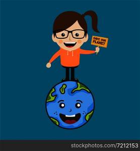 save our planet earth campaign girl holding sign theme vector. save our planet earth campaign girl holding sign theme