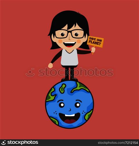 save our planet earth campaign girl holding sign theme vector. save our planet earth campaign girl holding sign theme