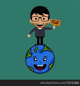 save our planet earth campaign male guy holding sign theme vector. save our planet earth campaign male guy holding sign theme