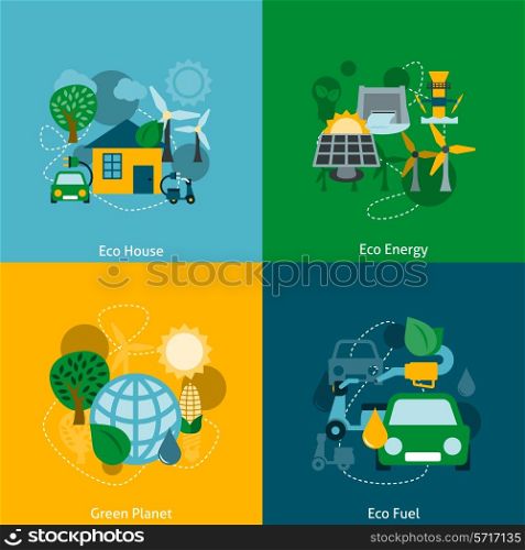 Save planet ecosystem green ecological energy technology house power fuel four flat icons composition abstract vector illustration