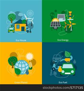 Save planet ecosystem green ecological energy technology house power fuel four flat icons composition abstract vector illustration