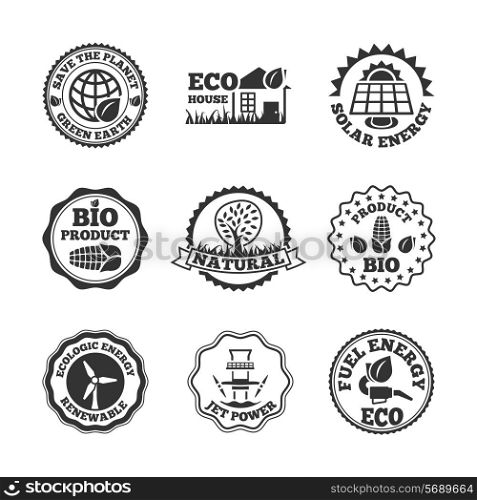 Save planet green earth ecological renewable energy systems and bio products labels set abstract isolated vector illustration