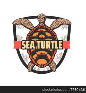 Save sea turtles icon, underwater world and marine fauna protection vector emblem. Ocean environment and ecology conservation badge with sea turtle of coral reef, oceanarium or undersea life sign. Save sea turtles icon,