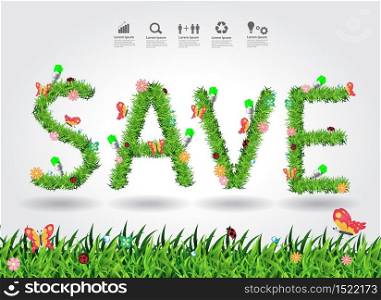 Save text eco concept with green grass alphabet letters design, Vector illustration modern design template