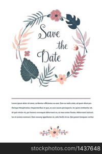 Save the date banner, card. Cocktail circle invitation with flowers, leaves. Luau party template. Save the date banner, invitation with foliage