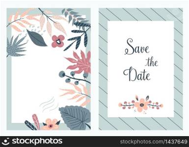Save the date banners, cards. Cocktail invitation with flowers, leaves. Luau party template. Save the date banners, invitations with foliage