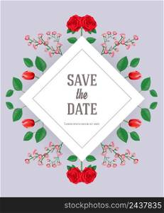 Save the date card design template with flowers and leaves on gray background. Handwritten text, calligraphy. Celebration concept. Can be used for invitation, flyer, brochure