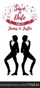Save the date card, gay wedding, two man in classic suits in love, vector illustration