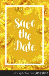 Save the date card with fluffy yellow tulips. Beautiful realistic flowers and buds. Save the date card with fluffy yellow tulips. Beautiful realistic flowers and buds.