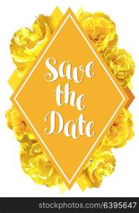 Save the date card with fluffy yellow tulips. Beautiful realistic flowers and buds. Save the date card with fluffy yellow tulips. Beautiful realistic flowers and buds.