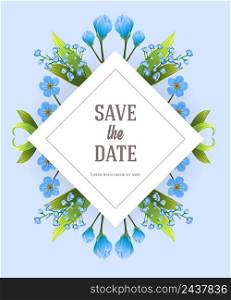 Save the date design template with blue primula flowers. Handwritten text, calligraphy. Celebration concept. Can be used for invitation, flyer, brochure