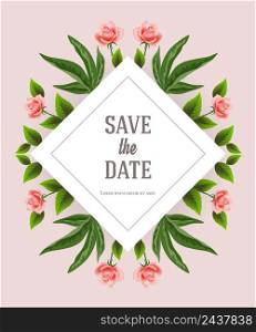 Save the date design template with floral decorative elements on pink background. Handwritten text, calligraphy. Celebration concept. Can be used for invitation, flyer, brochure
