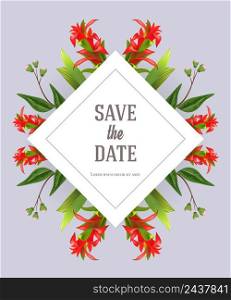 Save the date design template with red gladiolus on gray background. Handwritten text, calligraphy. Wedding or Valentine day concept. Can be used for invitation, flyer, brochure
