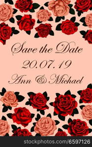 Save the Date floral banner for wedding ceremony celebration template. Red and pink rose flower with green leaf, arranged into floral border with copy space for invitation and greeting card design. Save the Date rose flower wedding invitation