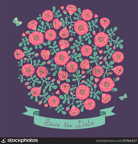 Save The Date Invitation with Floral Bouquet. Vector Floral Wedding Invitation.. Save The Date Invitation with Floral Bouquet