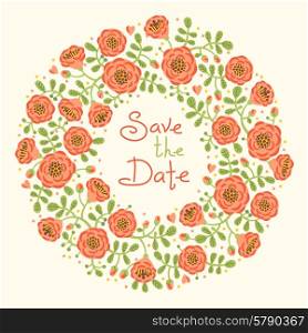 Save The Date Invitation with Floral Wreath. Vector Floral Wedding Invitation.. Save The Date Invitation with Floral Wreath