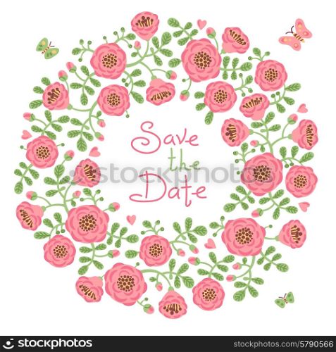 Save The Date Invitation with Floral Wreath. Vector Floral Wedding Invitation.. Save The Date Invitation with Floral Wreath