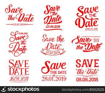 Save the Date lettering for wedding ceremony celebration design. Hand drawn calligraphy font with ribbon banner for engagement invitation or marriage greeting card template. Save the Date lettering for wedding invitation