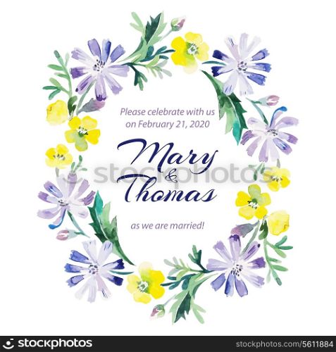 Save the date love card with watercolor floral bouquet. Wedding and Valentine?s Day vector illustration