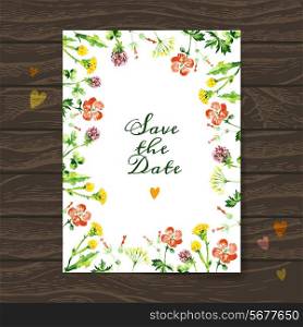 Save the date love card with watercolor floral bouquet. Wedding and Valentines Day vector illustration