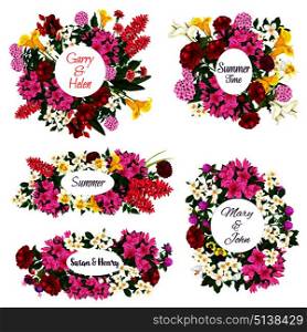 Save the Date or wedding greeting cards of summer flowers bouquets with bride and bridegroom names. Vector summertime flourish blooming viola, hibiscus rose and callas with daffodils. Vector flowers for Save the Date cards