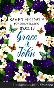Save the Date wedding card with floral frame and flying butterfly. White blossom of jasmine branch with violet flower and green leaf border for marriage celebration party invitation design. Wedding invitation with Save the Date flower frame