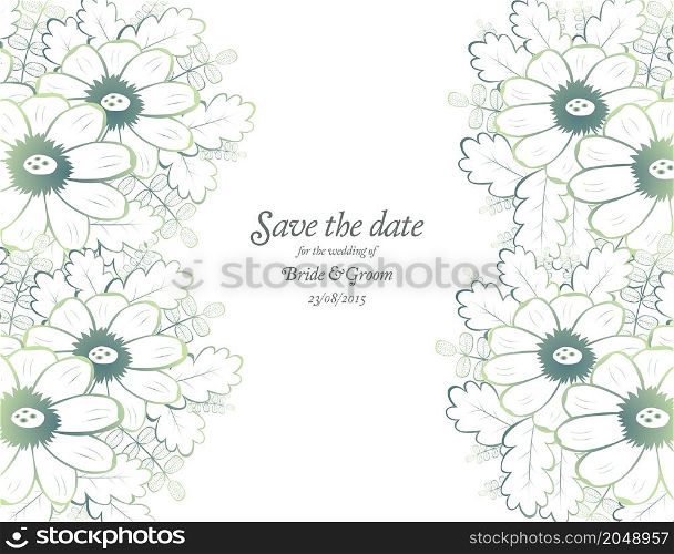 Save the date wedding invite card template with green flowers vector illustration